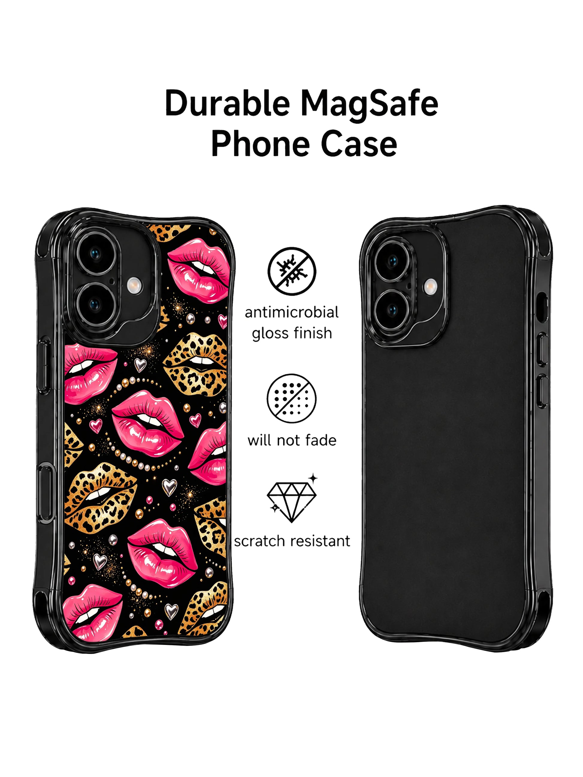 PhoneCasing iPhone 16 case with a magenta and leopard lips pattern, designed for shoppers exploring bold iPhone 16 cases with fashion-forward artwork.