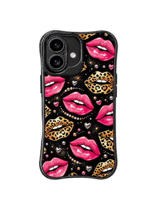 PhoneCasing iPhone 16 case featuring Magenta Leopard Shadow artwork with glossy magenta lips, leopard-print lips, gold sparkle, and crystal hearts on black.