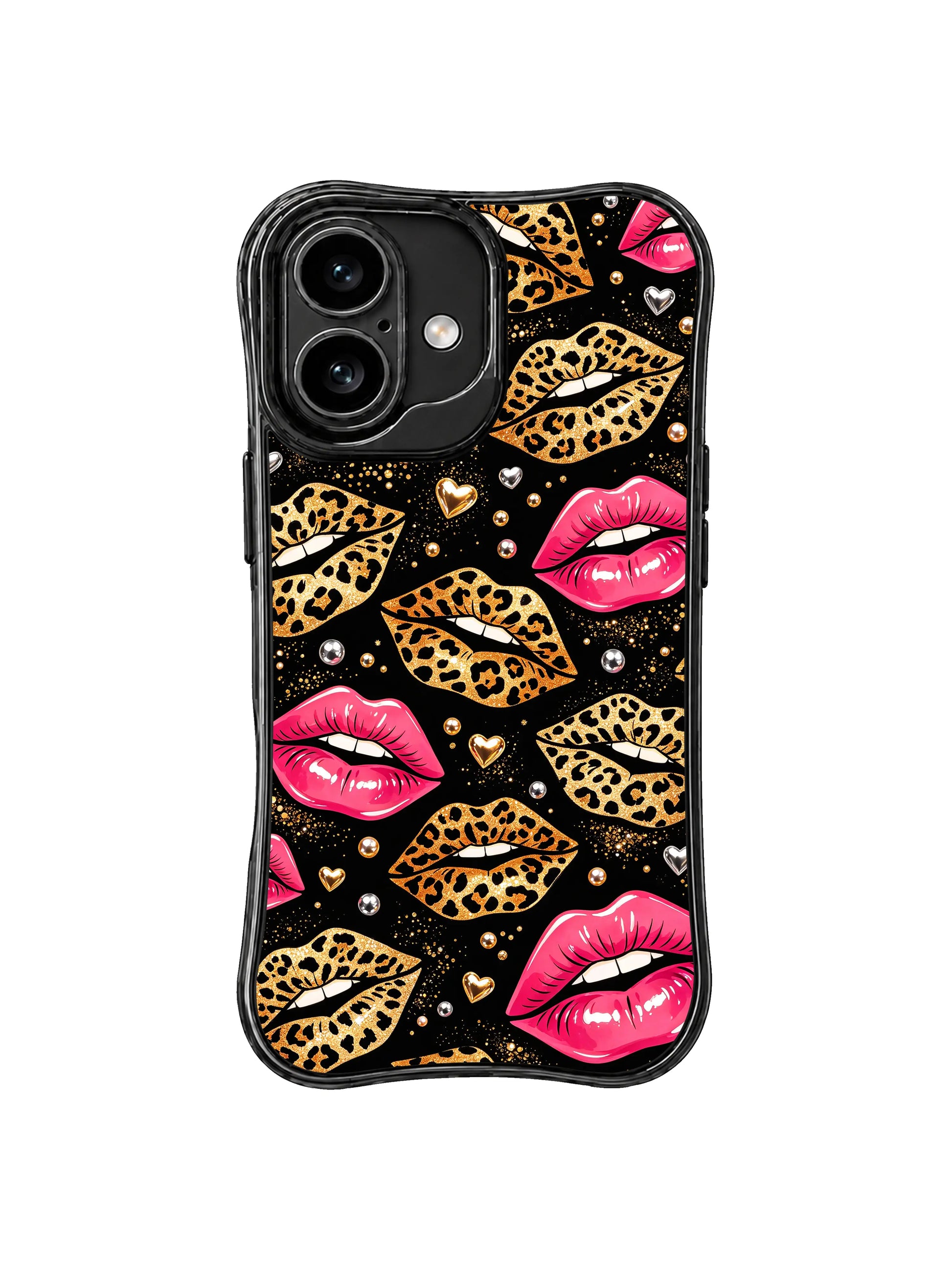 PhoneCasing iPhone 16 case in a magenta wild glam style with leopard lips, gold dust, and heart motifs for customers comparing premium iPhone 16 cases.