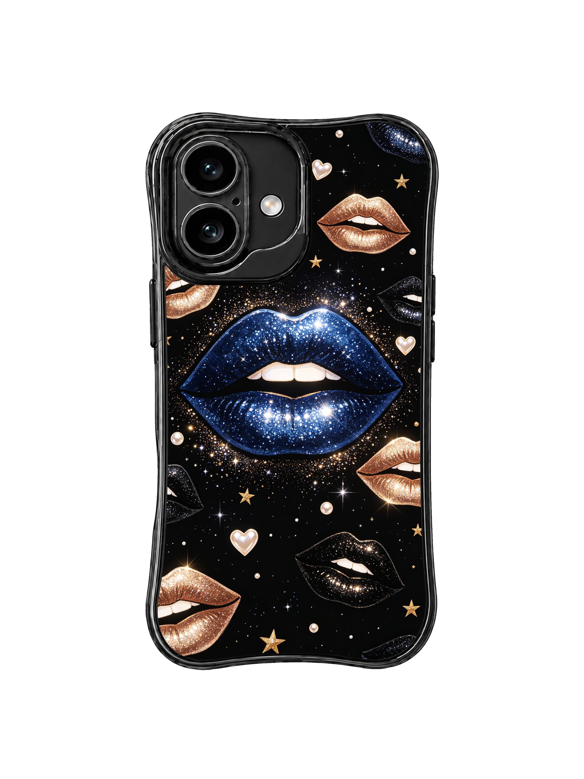 PhoneCasing iPhone 16 case featuring Metallic Blue Night Kiss artwork with deep blue glitter lips, gold stars, pearl hearts, and a black night-sky background.