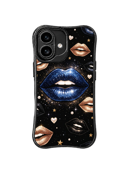 PhoneCasing iPhone 16 case featuring Metallic Blue Night Kiss artwork with deep blue glitter lips, gold stars, pearl hearts, and a black night-sky background.