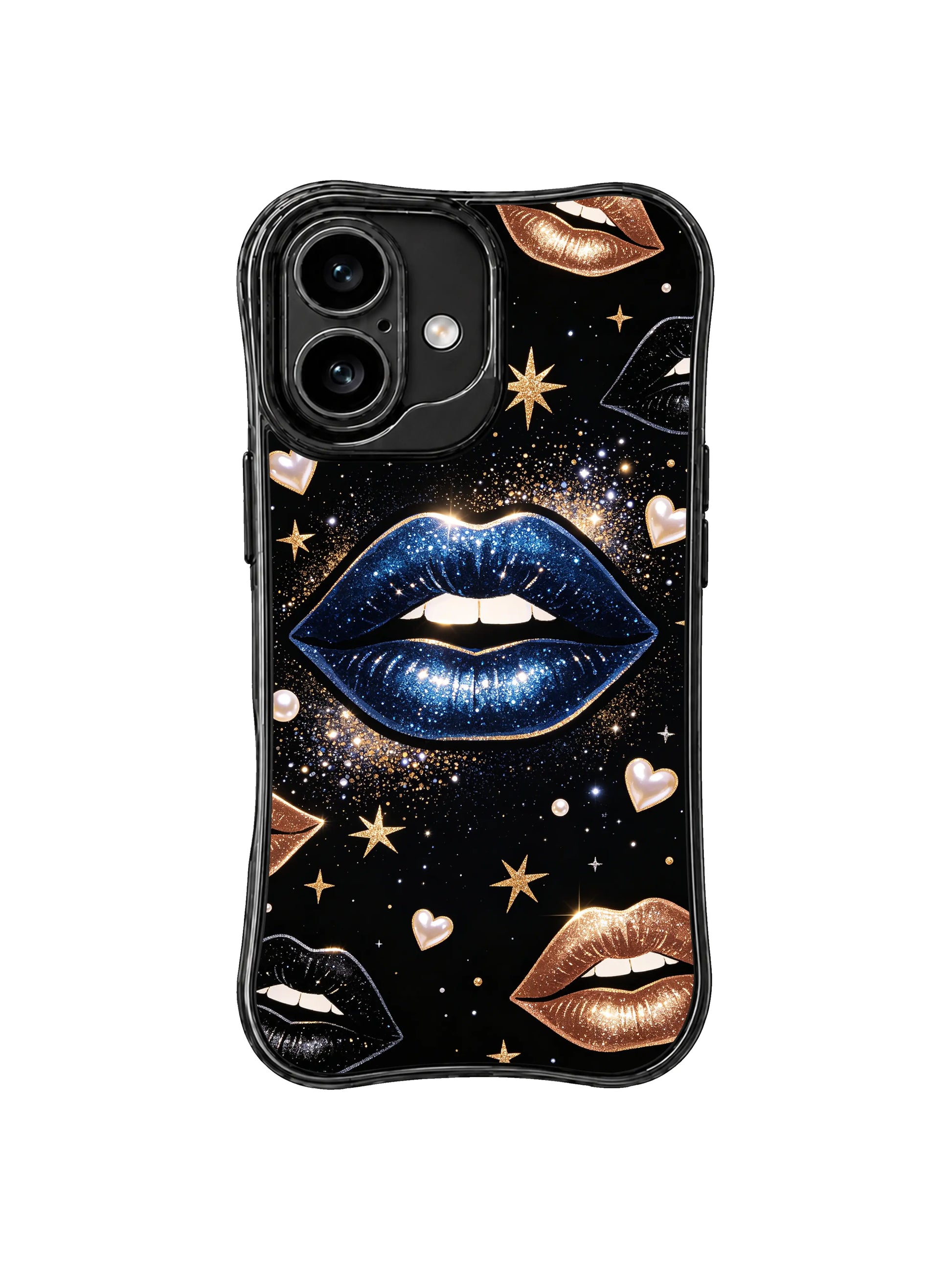PhoneCasing iPhone 16 case with metallic blue lips and gold stars, styled for shoppers also browsing iPhone 16 Pro case designs.