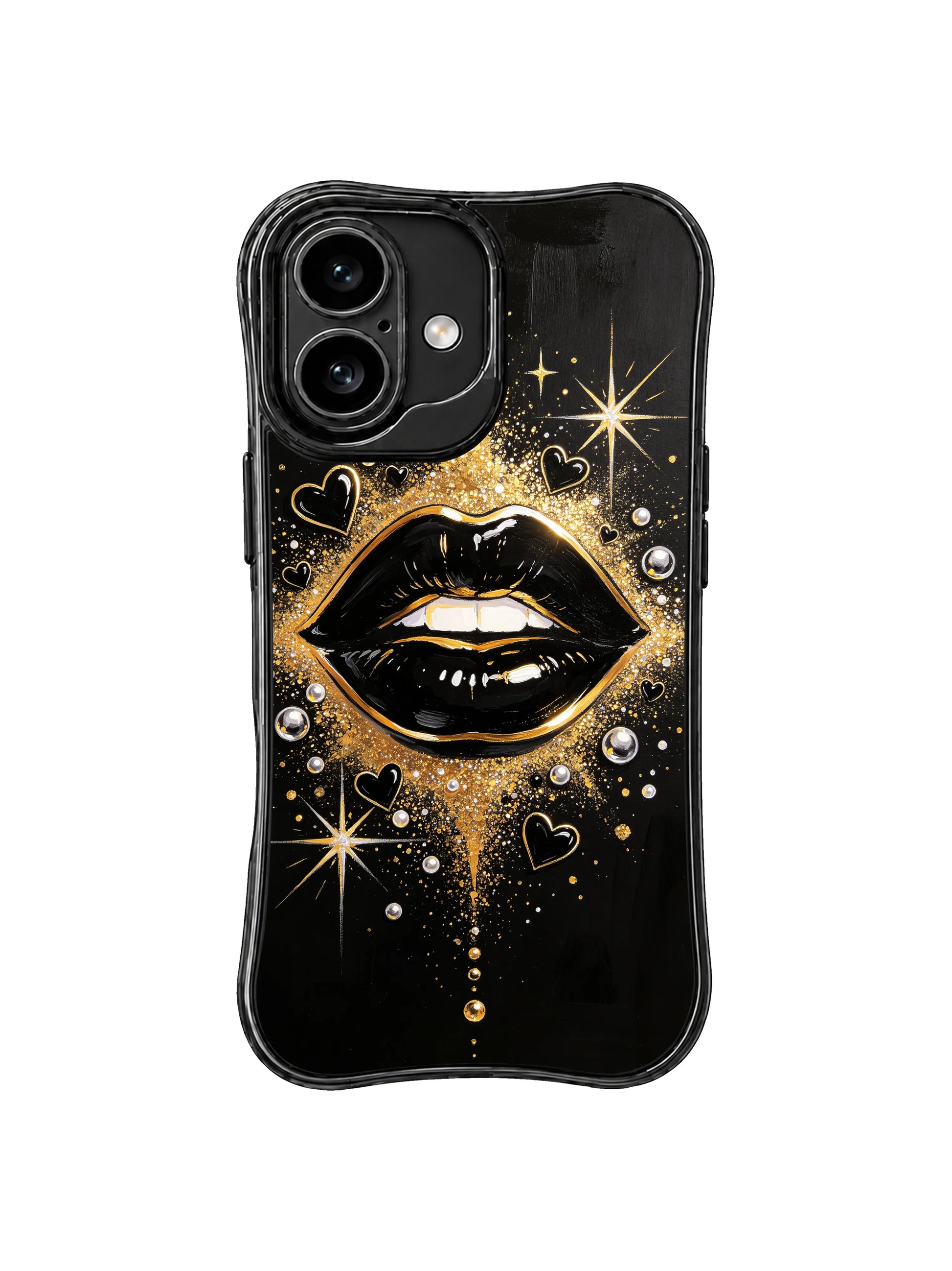 PhoneCasing iPhone 16 case with metallic gold lip outline, glossy black color, and elegant glitter detail for expressive iPhone 16 cases.