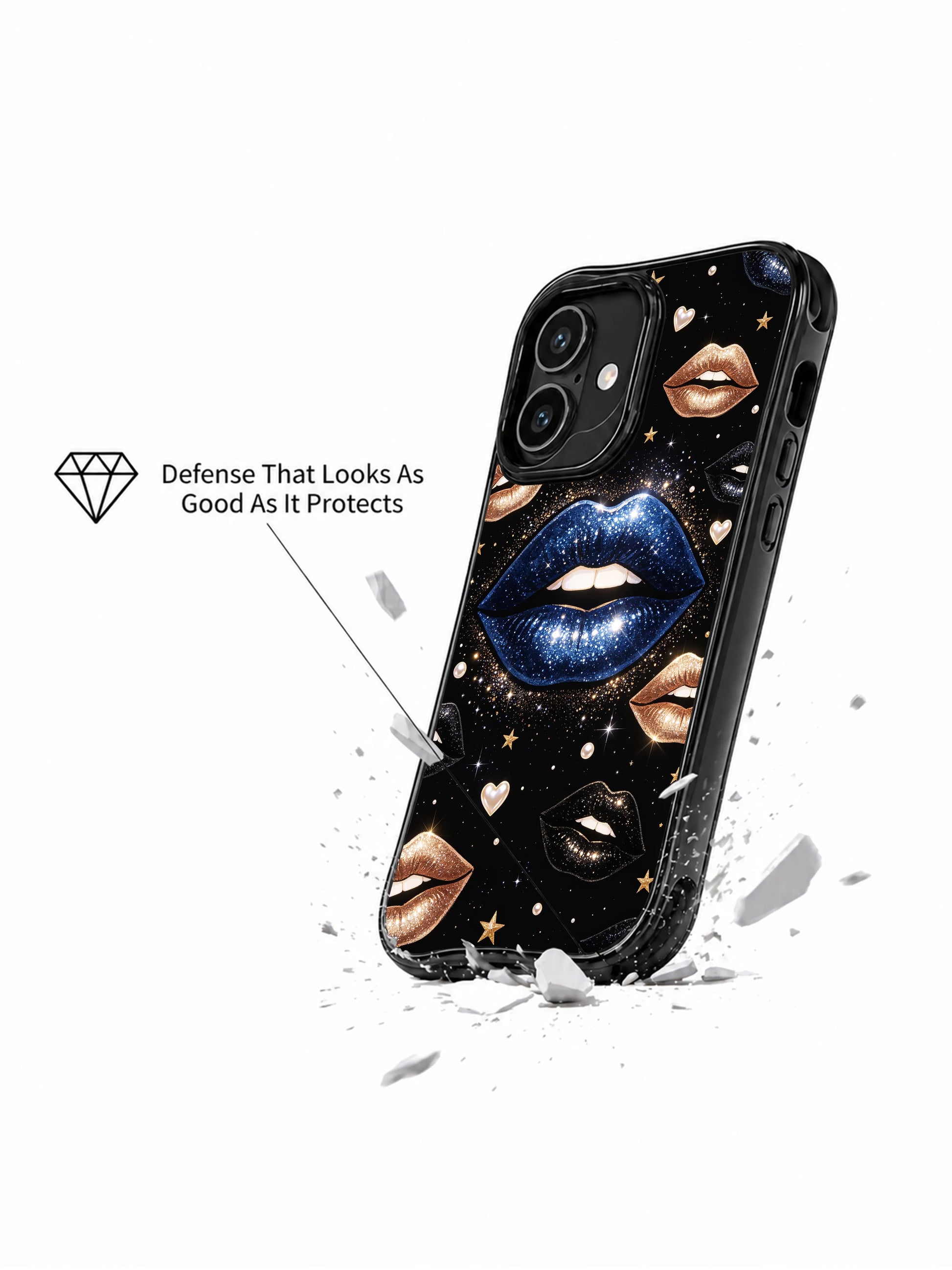 PhoneCasing iPhone 16 case with metallic lips, black galaxy depth, gold shimmer, and pearl heart details for an elevated iPhone 16 casing look.