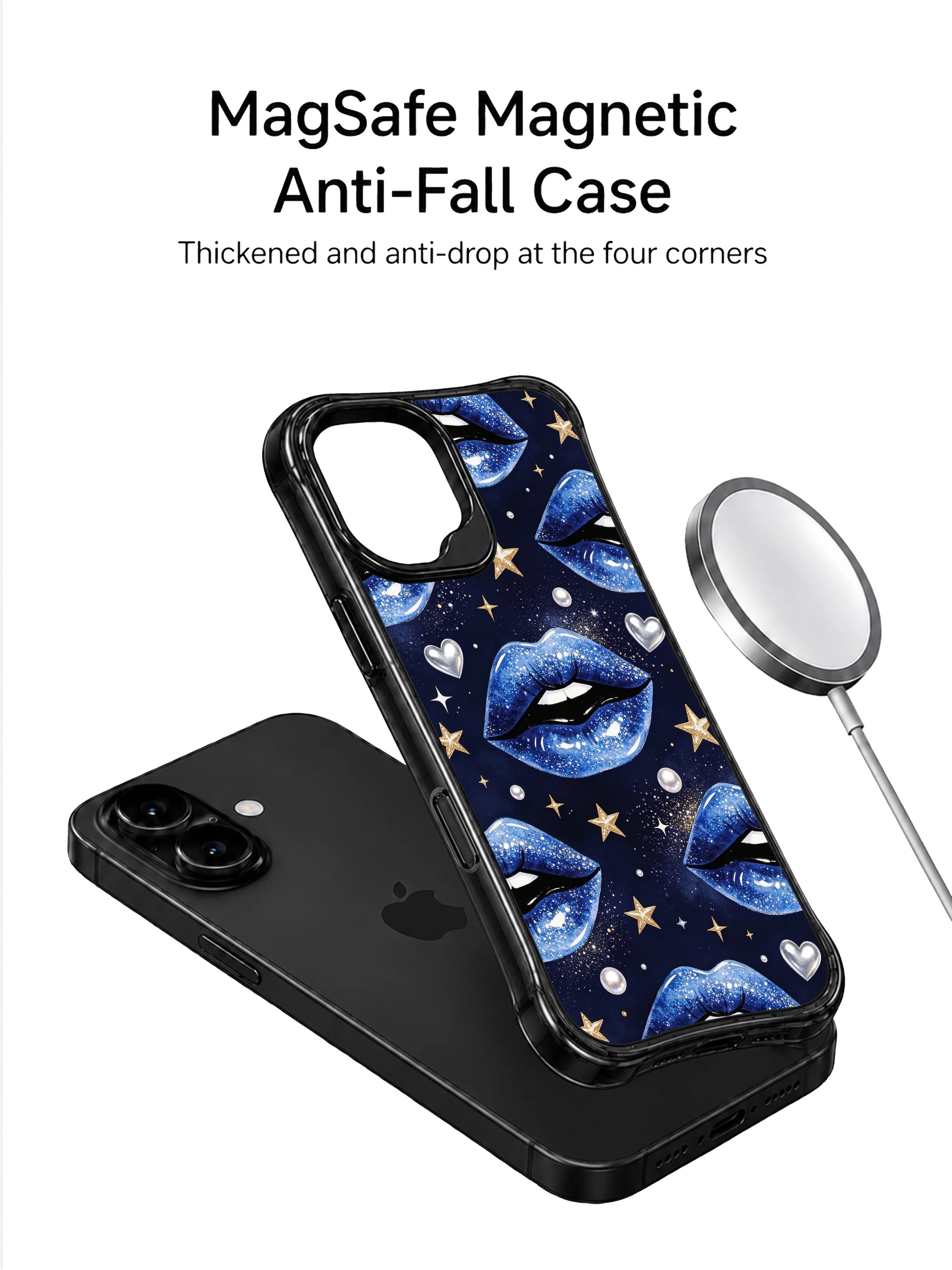 PhoneCasing iPhone 16 case featuring midnight blue lip art with pearl dots, gold stars, and a polished iPhone16 casing look.