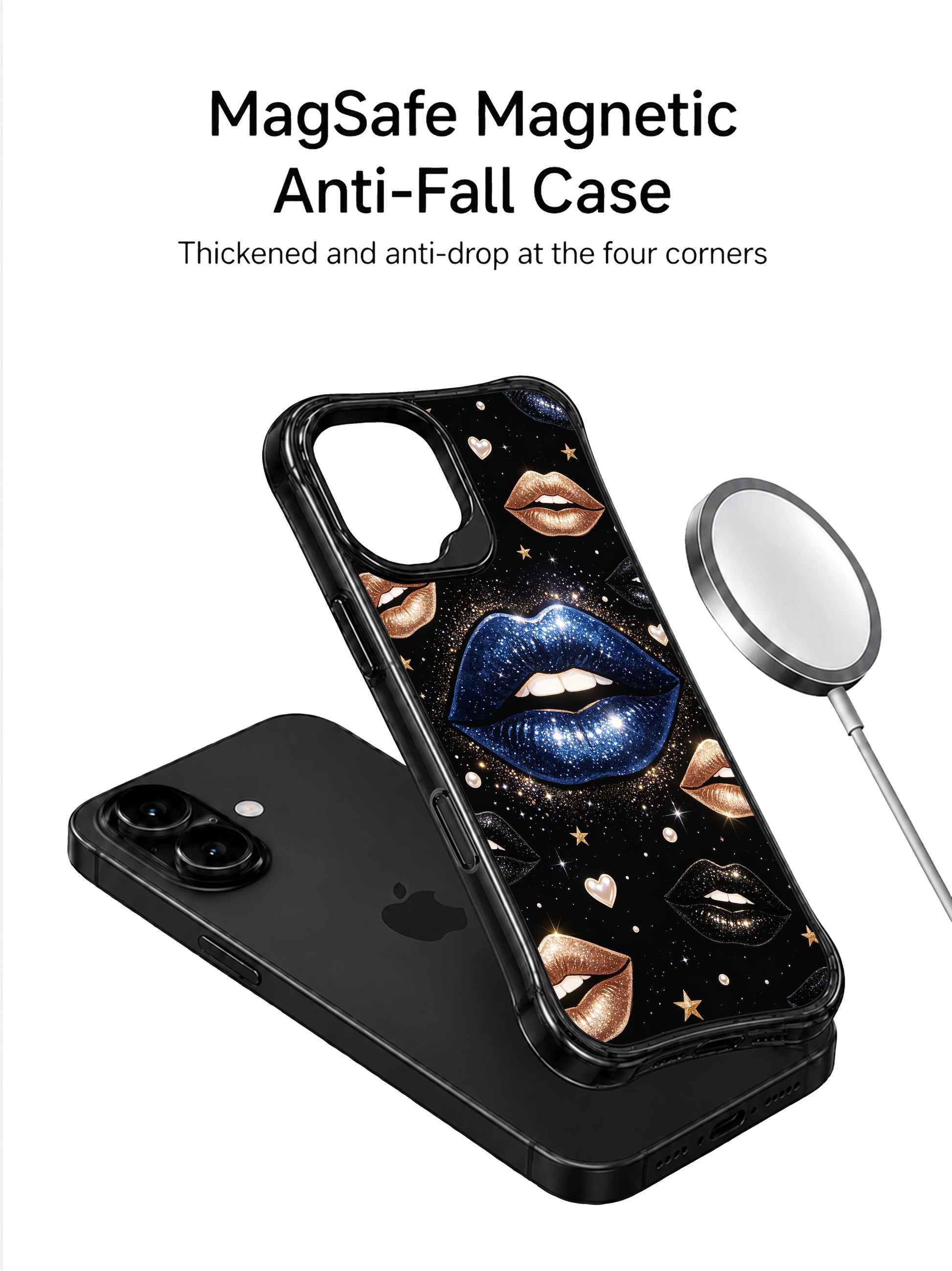 PhoneCasing iPhone 16 case featuring midnight blue lips, gold stars, black background, and shimmering particles in a refined night glam style.