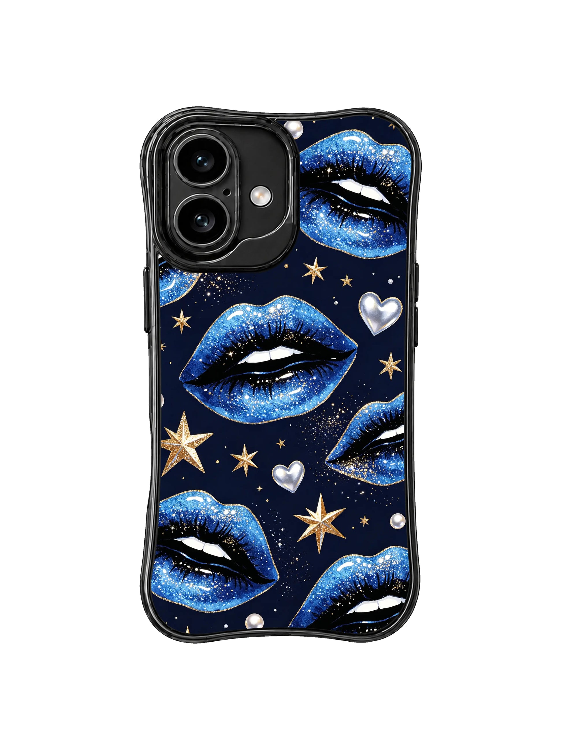 PhoneCasing iPhone 16 case featuring Midnight Dream Kiss artwork with glitter blue lips and silver heart accents for a refined iPhone16 casing.