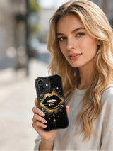PhoneCasing iPhone 16 case with midnight black texture, gold shimmer, and glossy lip illustration for an expressive iPhone 16 Pro case mood.