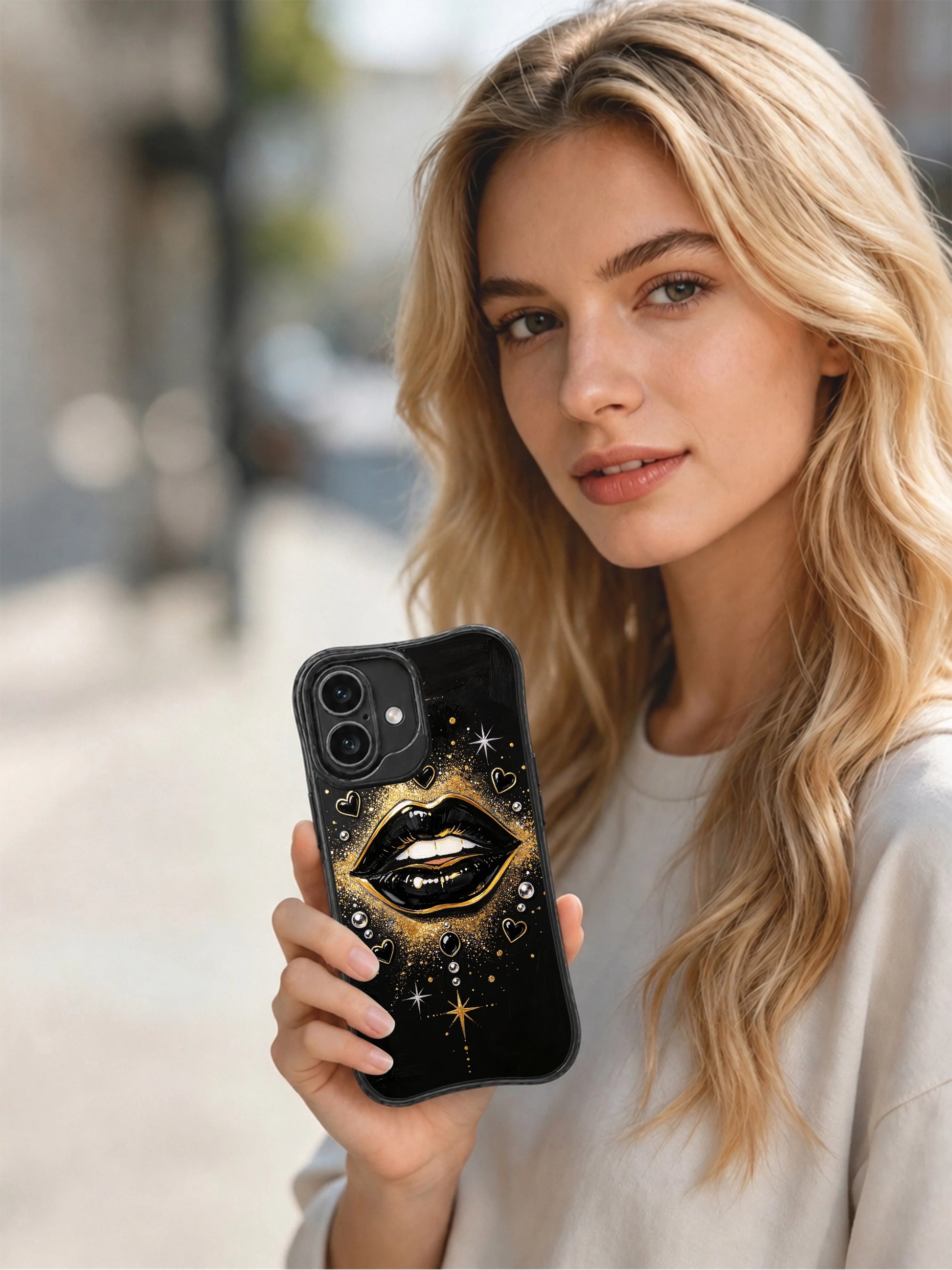 PhoneCasing iPhone 16 case with midnight black texture, gold shimmer, and glossy lip illustration for an expressive iPhone 16 Pro case mood.