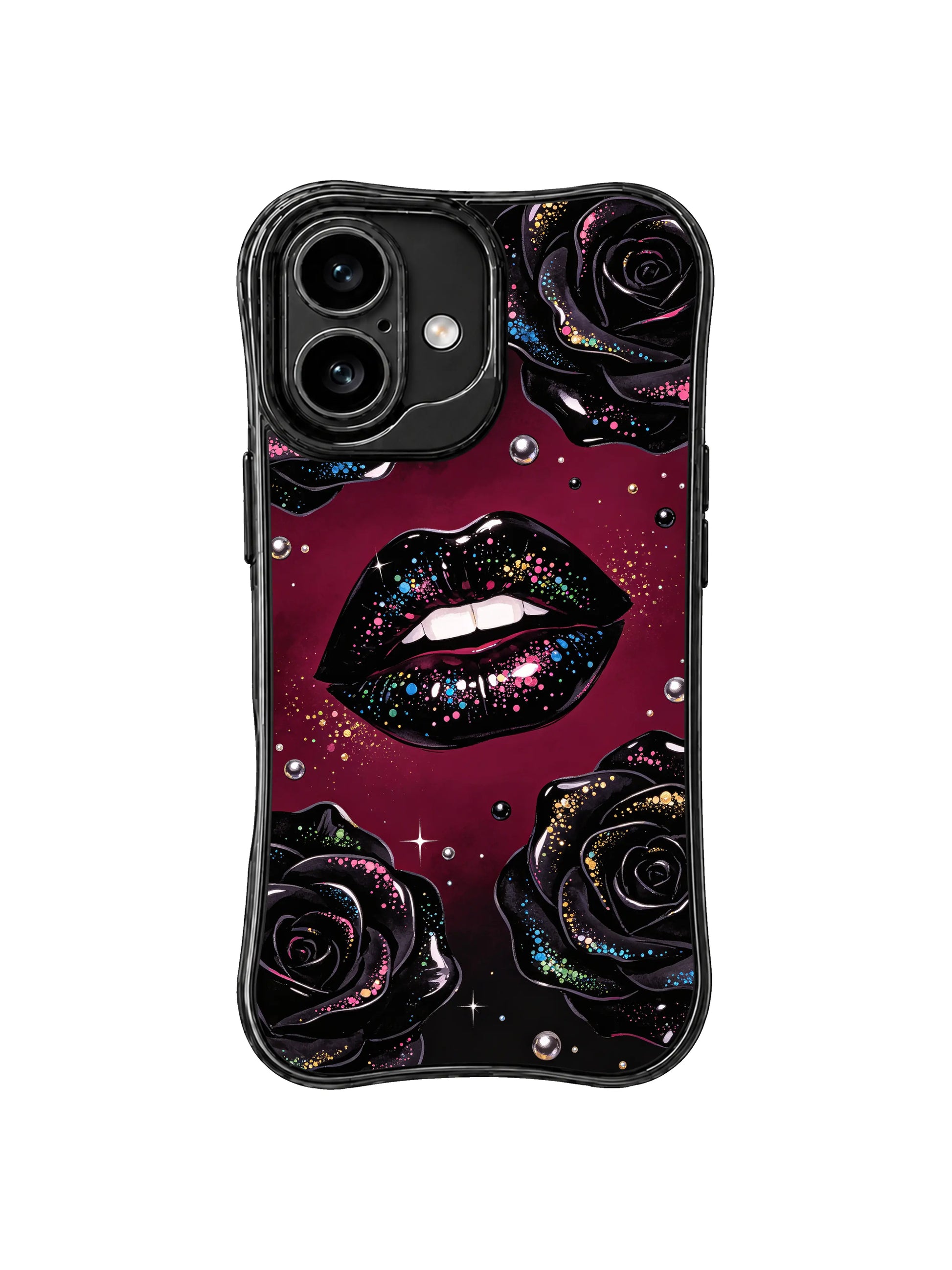 PhoneCasing iPhone 16 case from Midnight Kiss Glam Collection with black roses, polished lips, pearl orbs, and a smoky burgundy background.