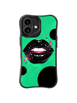 PhoneCasing iPhone 16 case from Midnight Kiss Glam Collection with emerald green color, black glossy lips, and bold pop glam contrast.