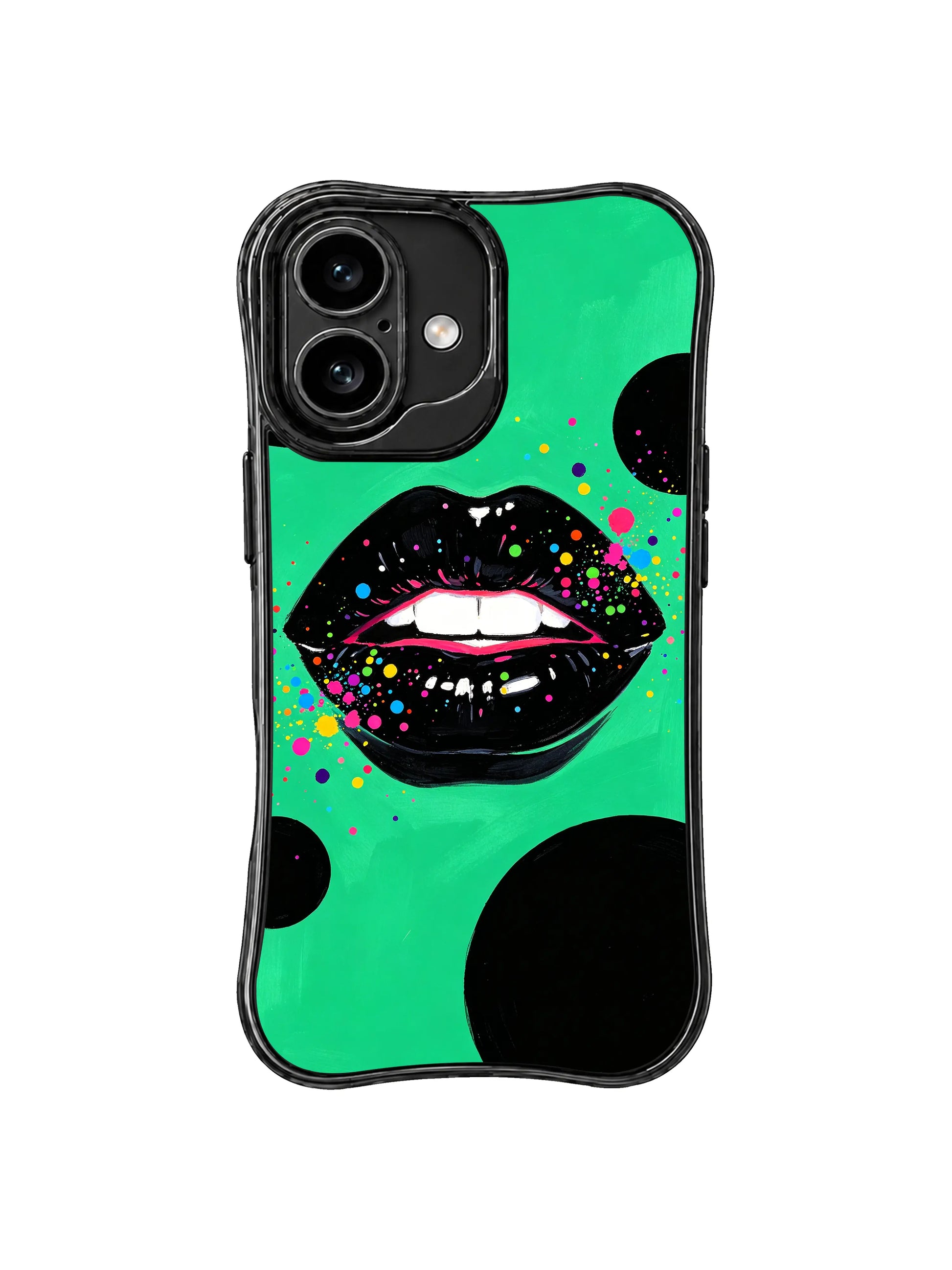PhoneCasing iPhone 16 case from Midnight Kiss Glam Collection with emerald green color, black glossy lips, and bold pop glam contrast.