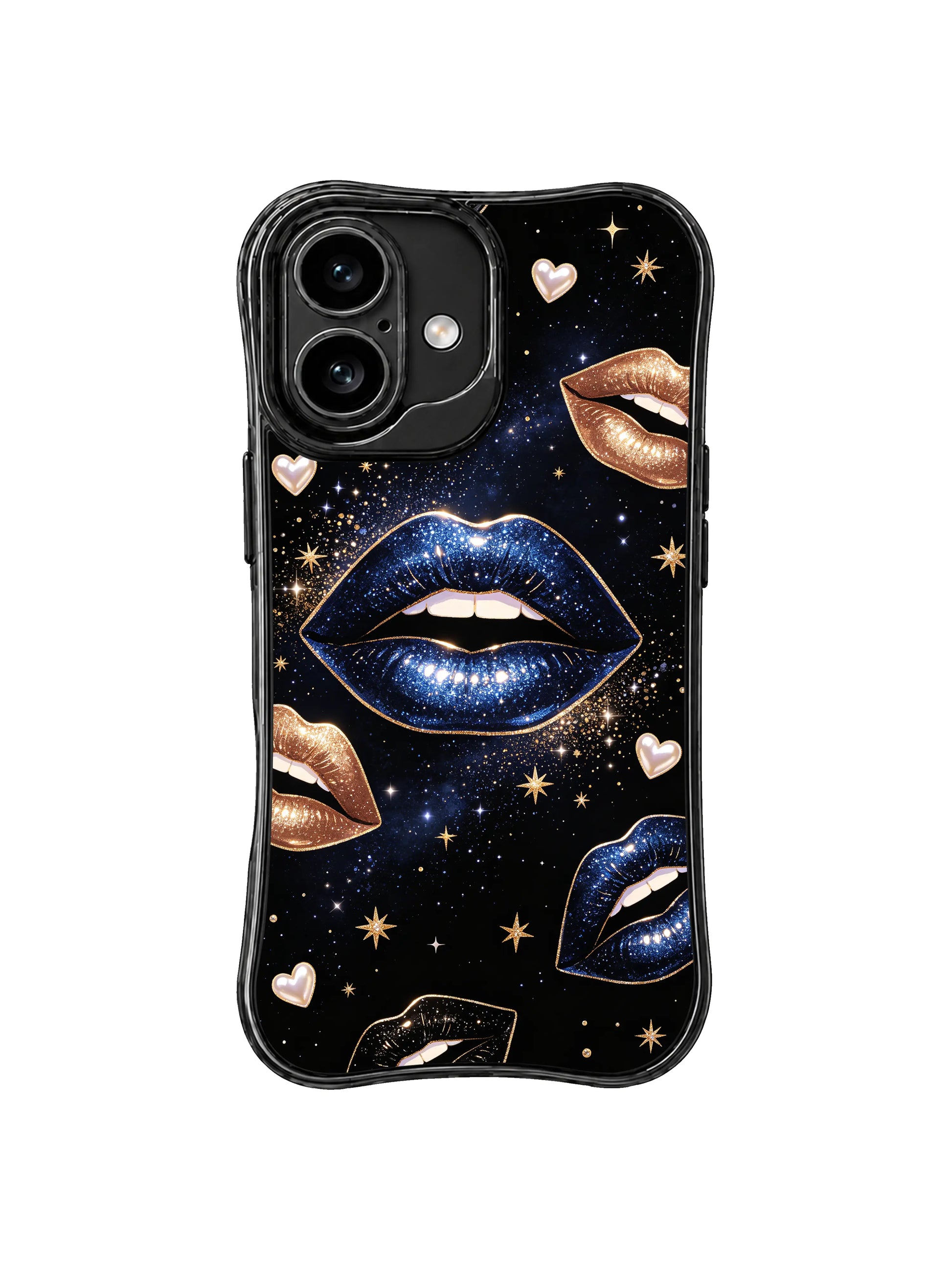 PhoneCasing iPhone 16 case from Midnight Kiss Glam Collection with blue glitter lips, gold stars, pearl hearts, and a black cosmic background.