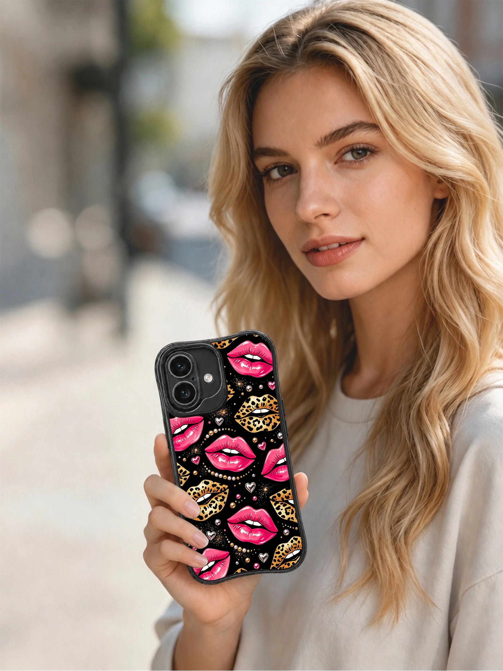 PhoneCasing iPhone 16 case from the Midnight Kiss Glam Collection, blending hot pink lips, leopard lips, and luminous gold sparkle.