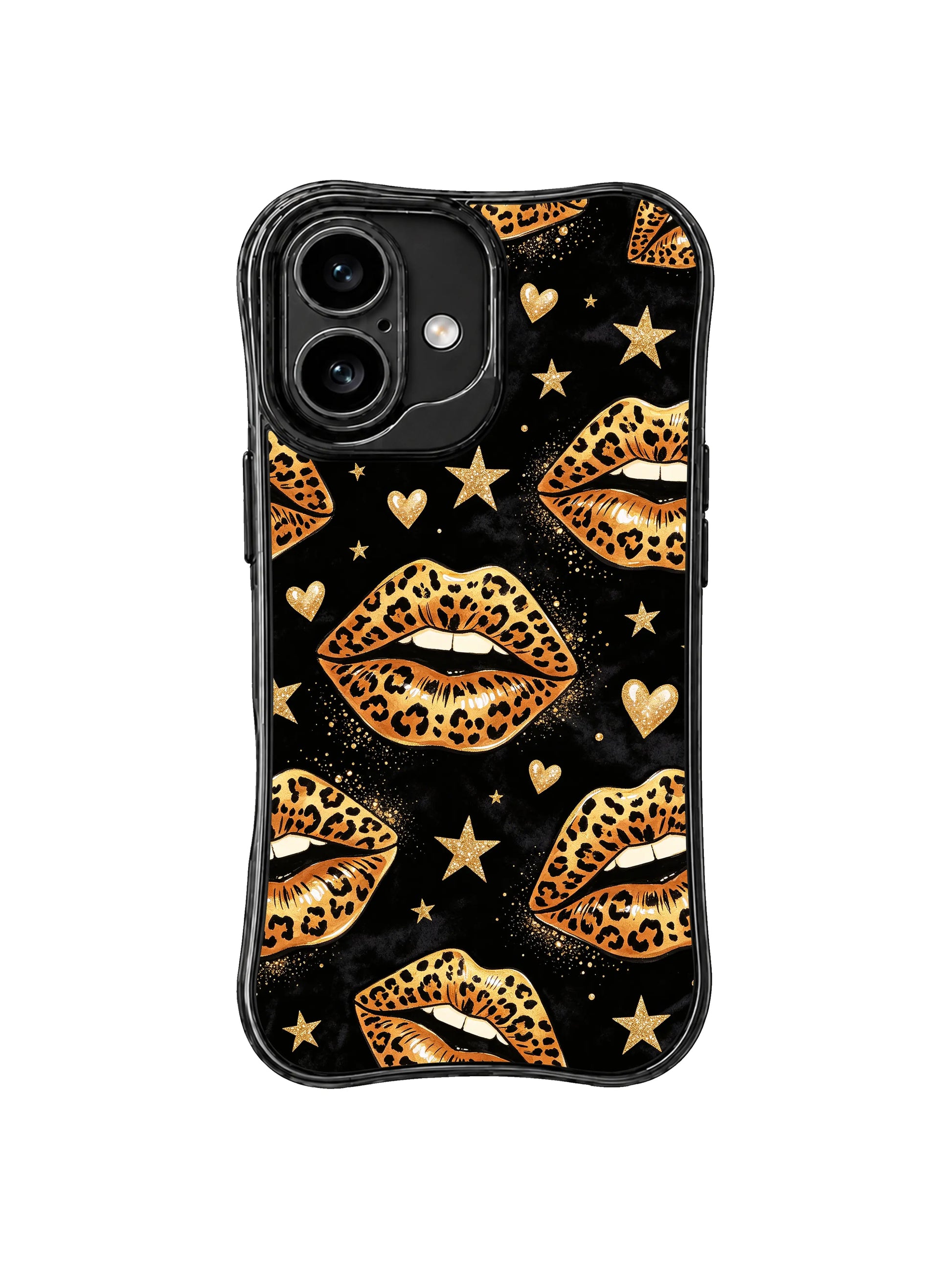 PhoneCasing iPhone 16 case from the Midnight Kiss Glam Collection with leopard print lips, heart sparkles, and a dramatic black backdrop for a refined iPhone16 casing aesthetic.