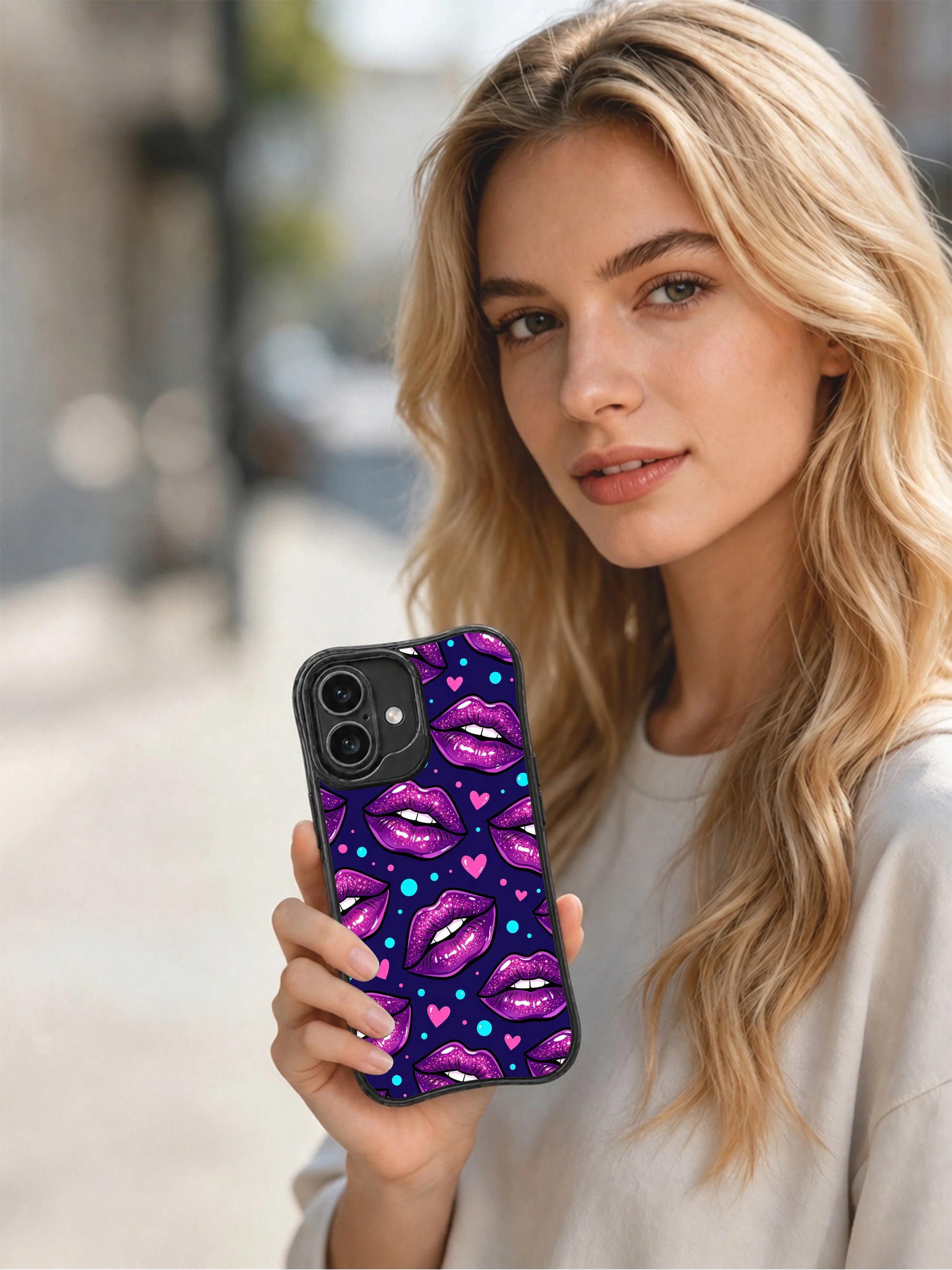 PhoneCasing iPhone 16 case from the Midnight Kiss Glam Collection with berry purple lips, cyan light dots, and sweet heart accents.