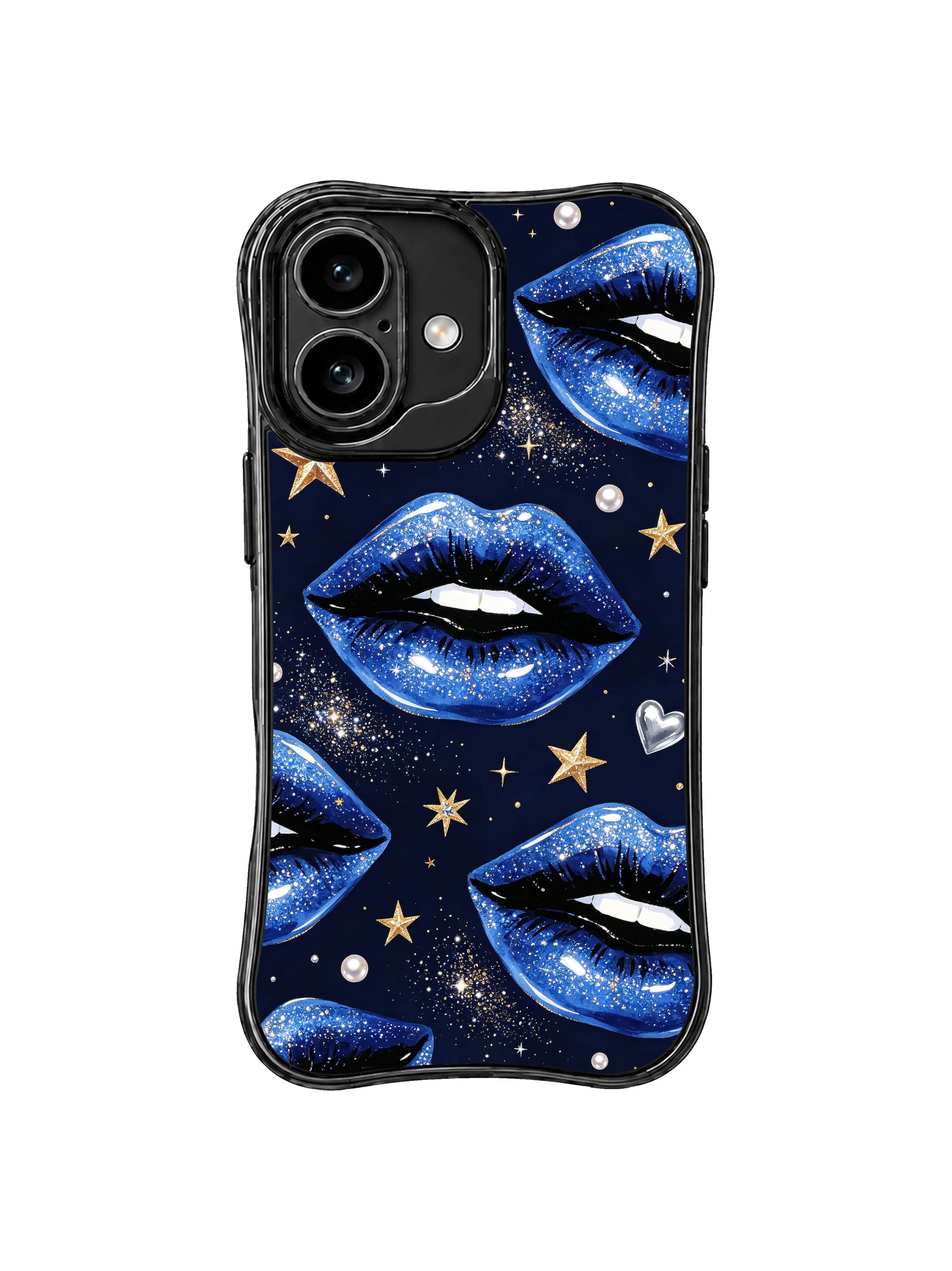 PhoneCasing iPhone 16 case featuring Midnight Kiss stars, blue glitter lips, and a cool celestial mood for modern iPhone 16 cases.