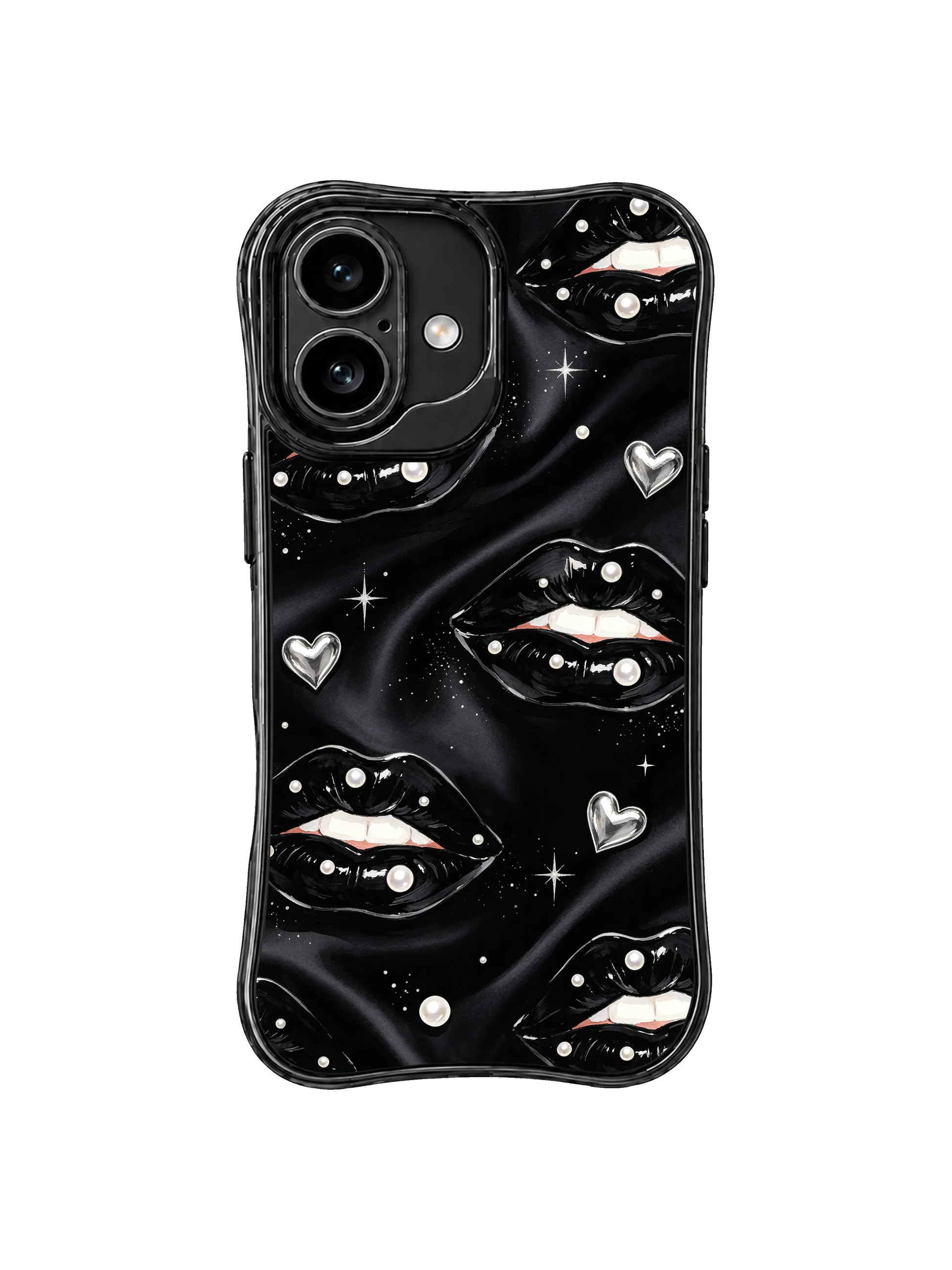 PhoneCasing iPhone 16 case featuring midnight pearl kiss artwork, glossy black lips, soft light reflections, and iPhone 16 Pro Max case inspired elegance.