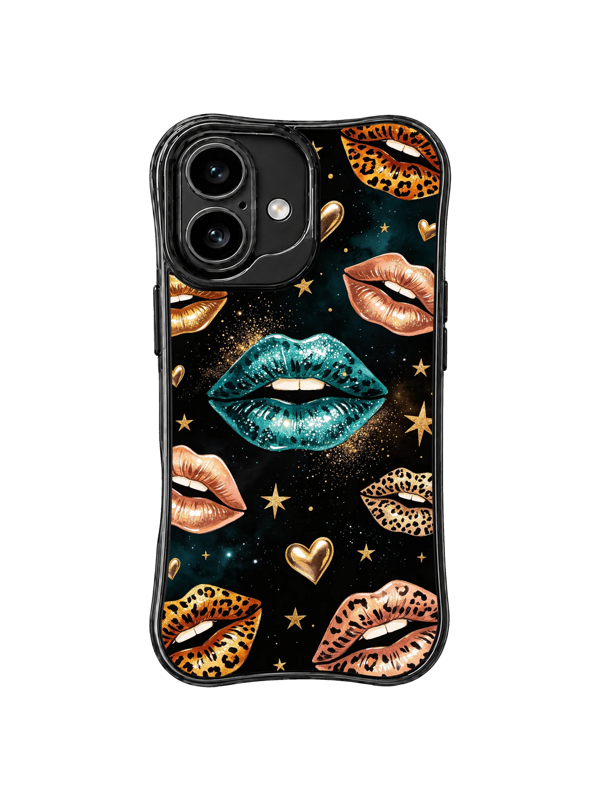PhoneCasing iPhone 16 case with midnight predator lips, leopard print motifs, gold stars, and quiet power for expressive iPhone 16 cases.
