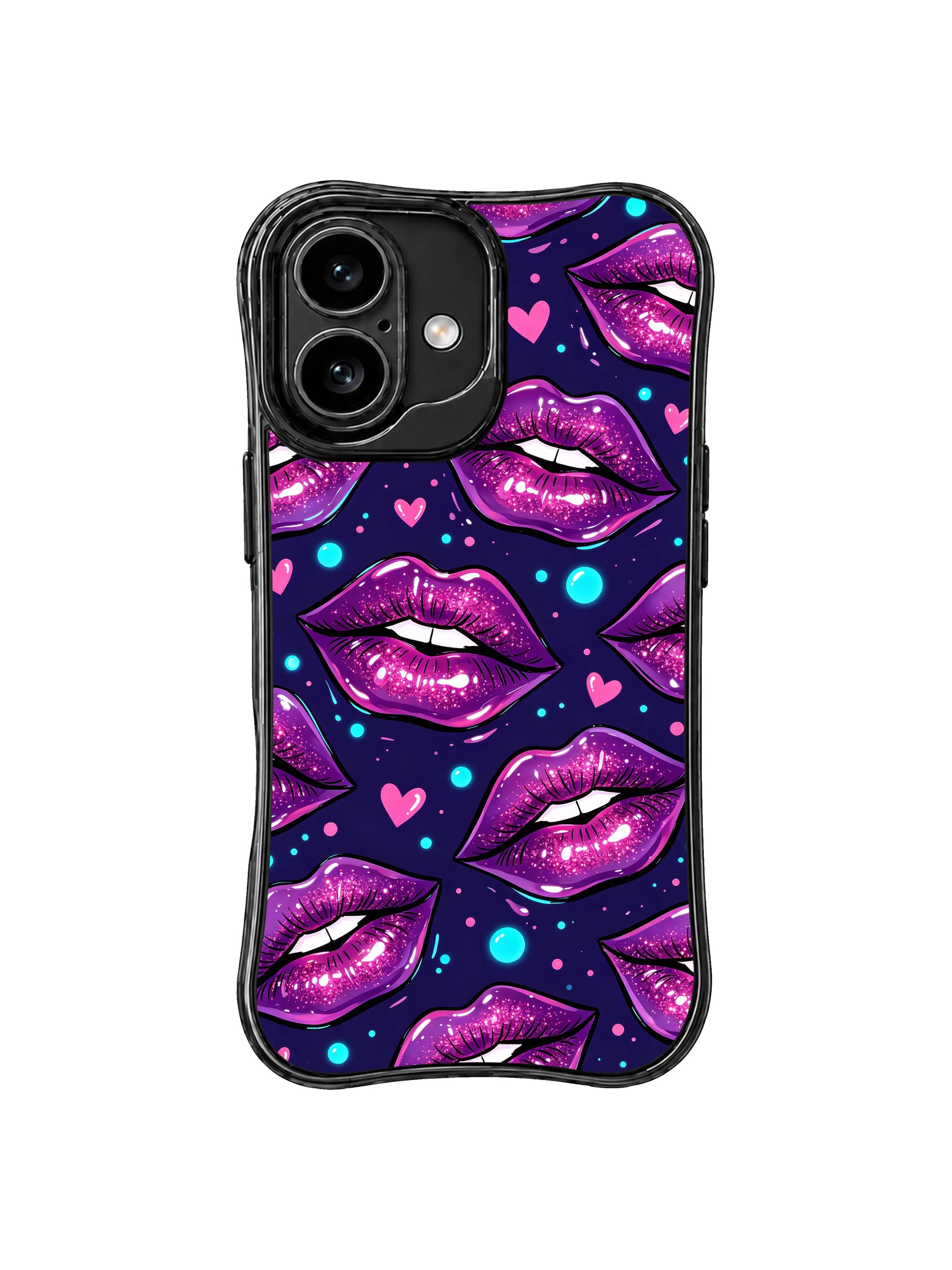 PhoneCasing iPhone 16 case with midnight purple heart lips, glossy shine, and a playful romantic layout for expressive iPhone 16 cases.