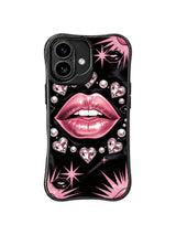 PhoneCasing iPhone 16 case with midnight black space, glossy rose lips, and floating pearls, a modern iPhone 16 casing with luxe feminine character.
