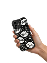 PhoneCasing iPhone 16 case with monochrome lip illustration, black background, crisp line work, and a polished iphone 16 cover style.