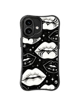 PhoneCasing iPhone 16 case with monochrome star kiss artwork, black-and-white lip forms, and silver bead accents for a stylish iphone 16 cover.