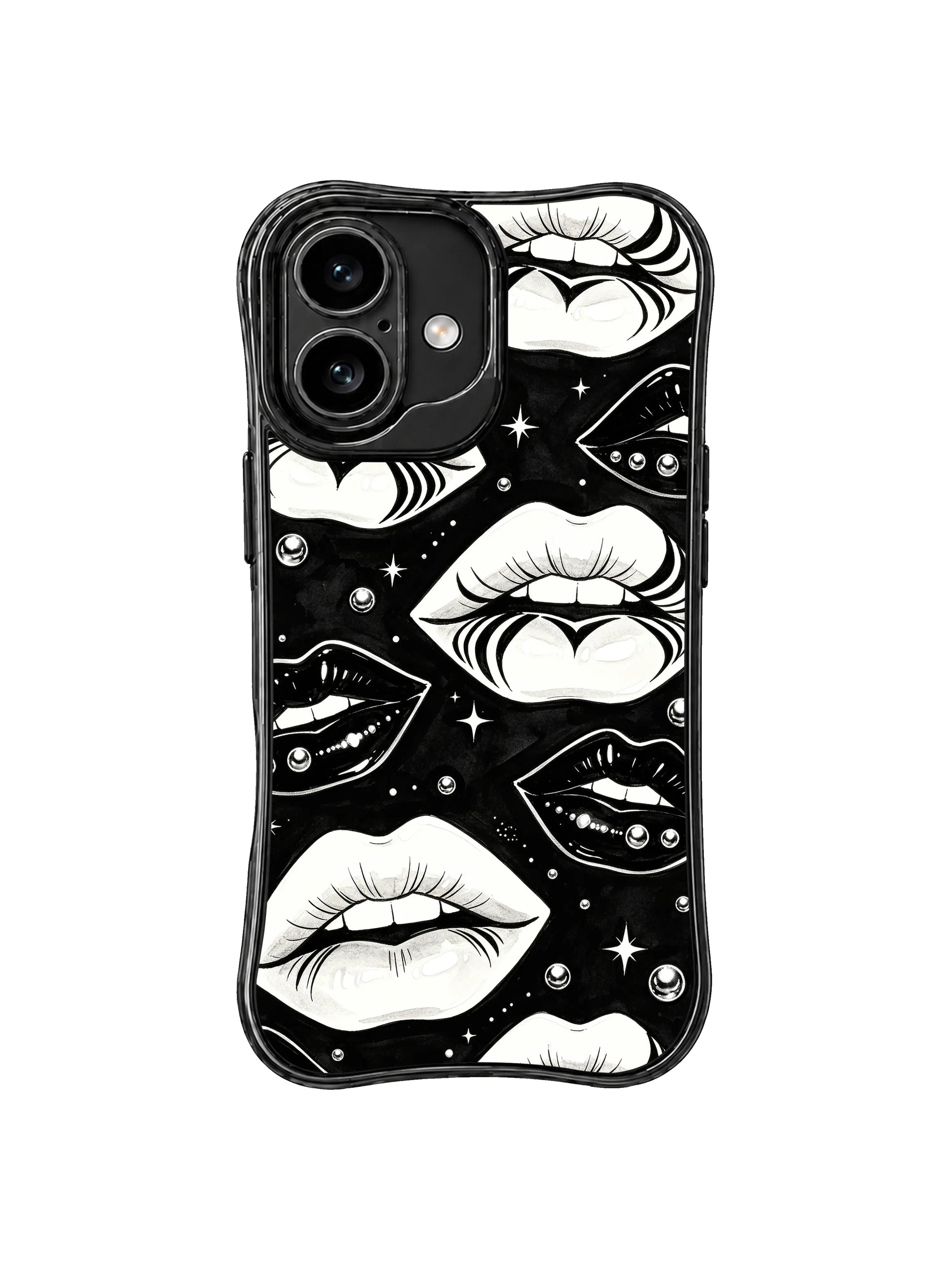 PhoneCasing iPhone 16 case with monochrome star kiss artwork, black-and-white lip forms, and silver bead accents for a stylish iphone 16 cover.
