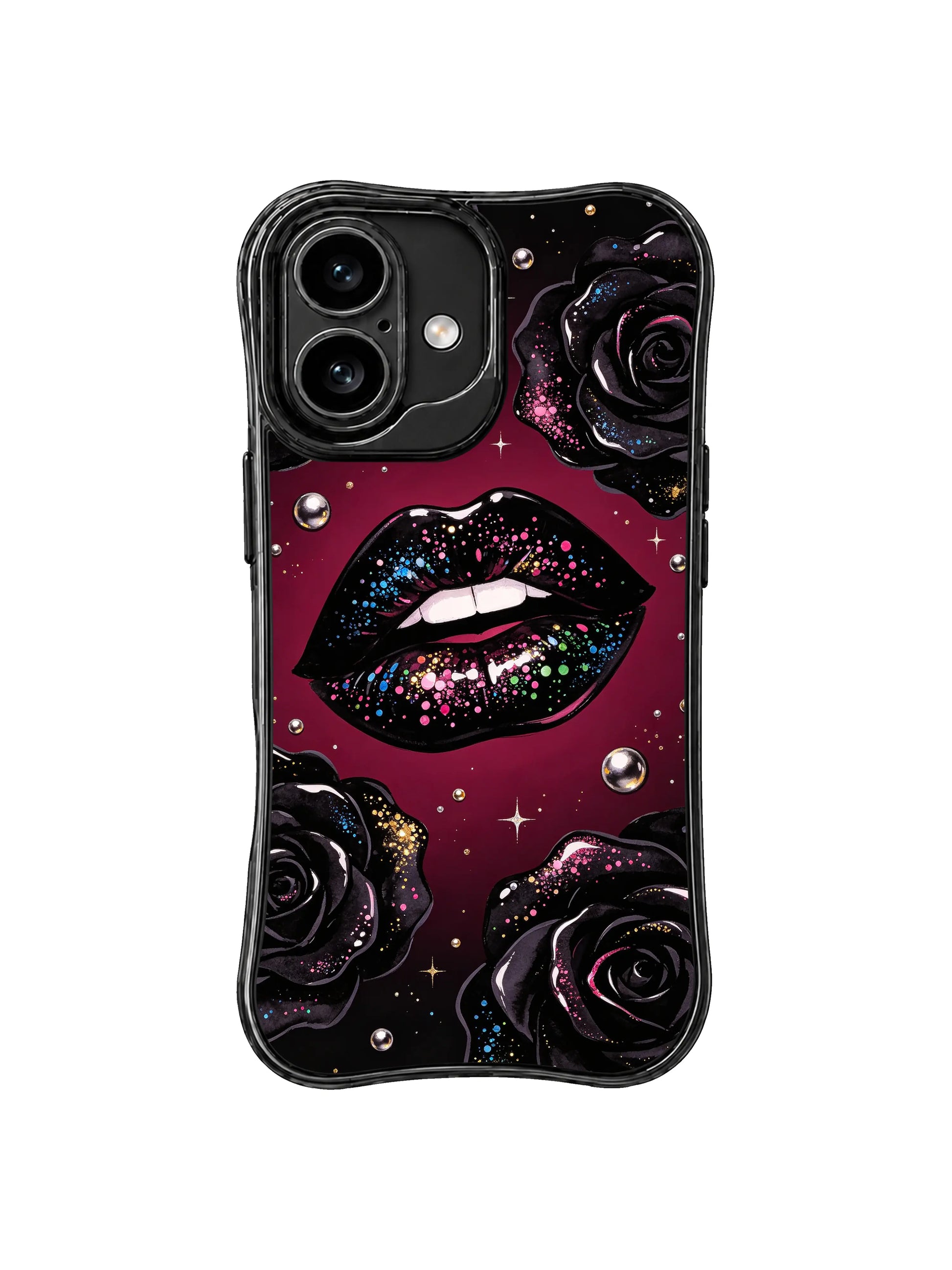 PhoneCasing iPhone 16 case with mystic black rose lips, colorful sparkle, and a burgundy-black background for expressive daily styling.
