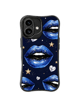 PhoneCasing iPhone 16 case with navy diamond kiss artwork, glossy blue lips, and a clean celestial iphone 16 cover look.
