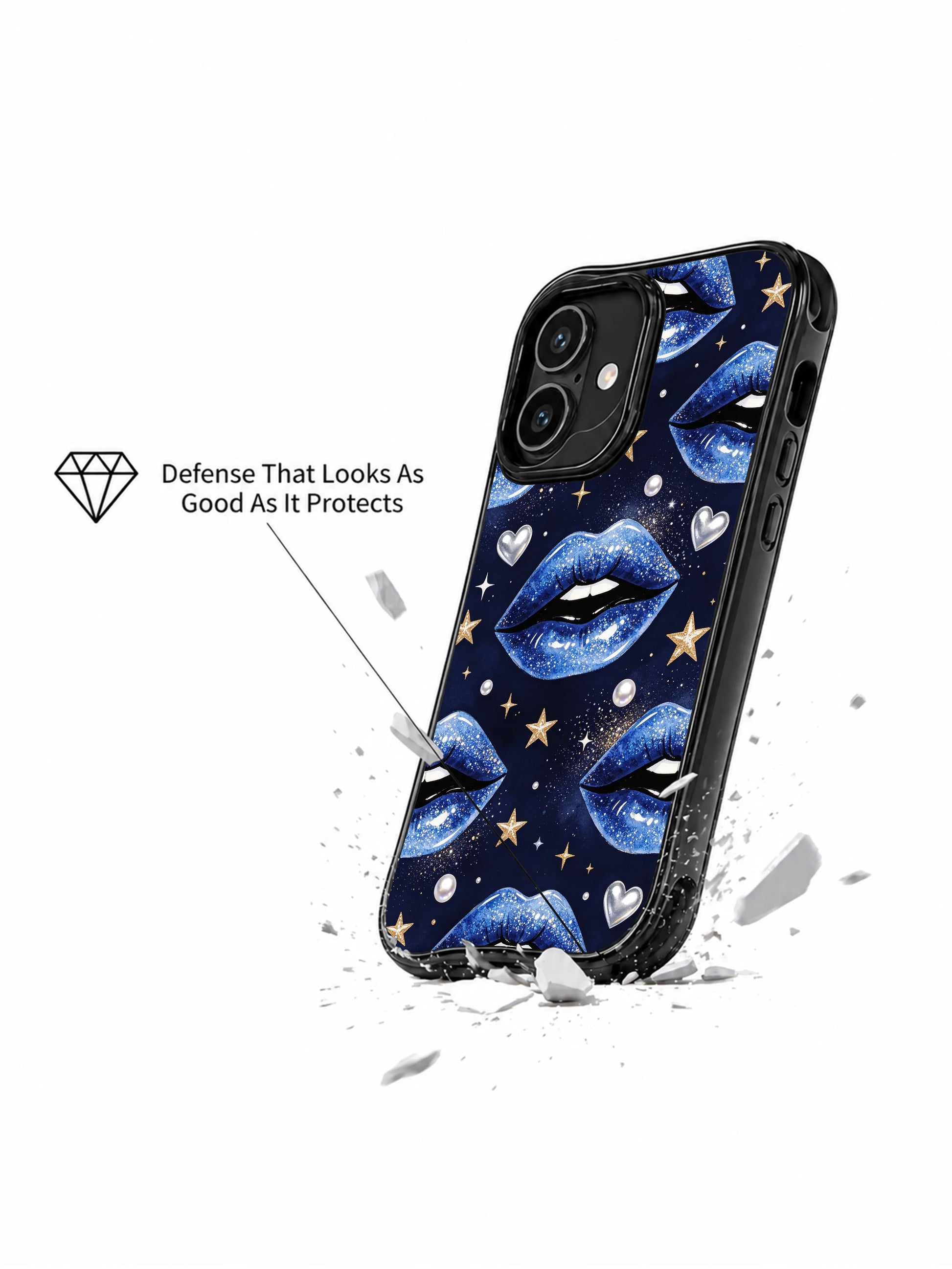 PhoneCasing iPhone 16 case featuring navy glam lips, silver heart charms, and gold star details for a cool iPhone 16 Pro case style.