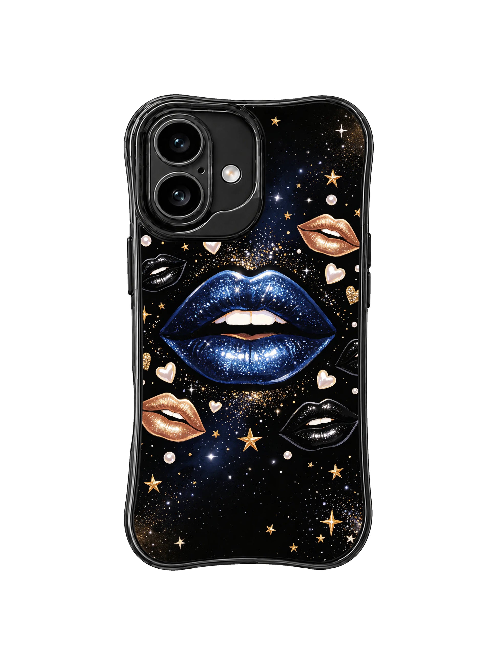 PhoneCasing iPhone 16 case with navy glitter lips, gold shimmer, pearl hearts, and a polished iPhone 16 cover look.