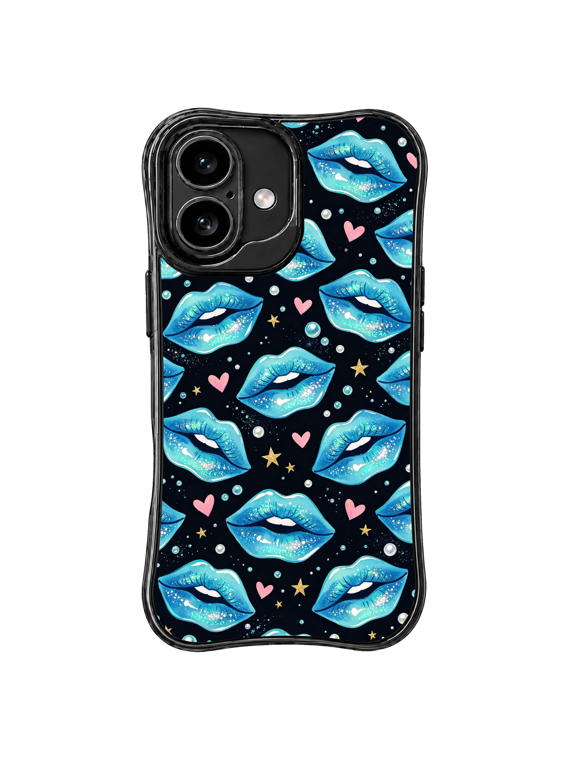 PhoneCasing iPhone 16 case featuring neon coast cover artwork with glossy aqua lips, pearl bubbles, and black background contrast.