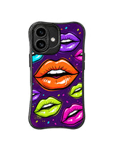 PhoneCasing iPhone 16 case featuring neon frequency lips with orange, cyan, purple, lime, and hot pink color blocks on a deep purple base.