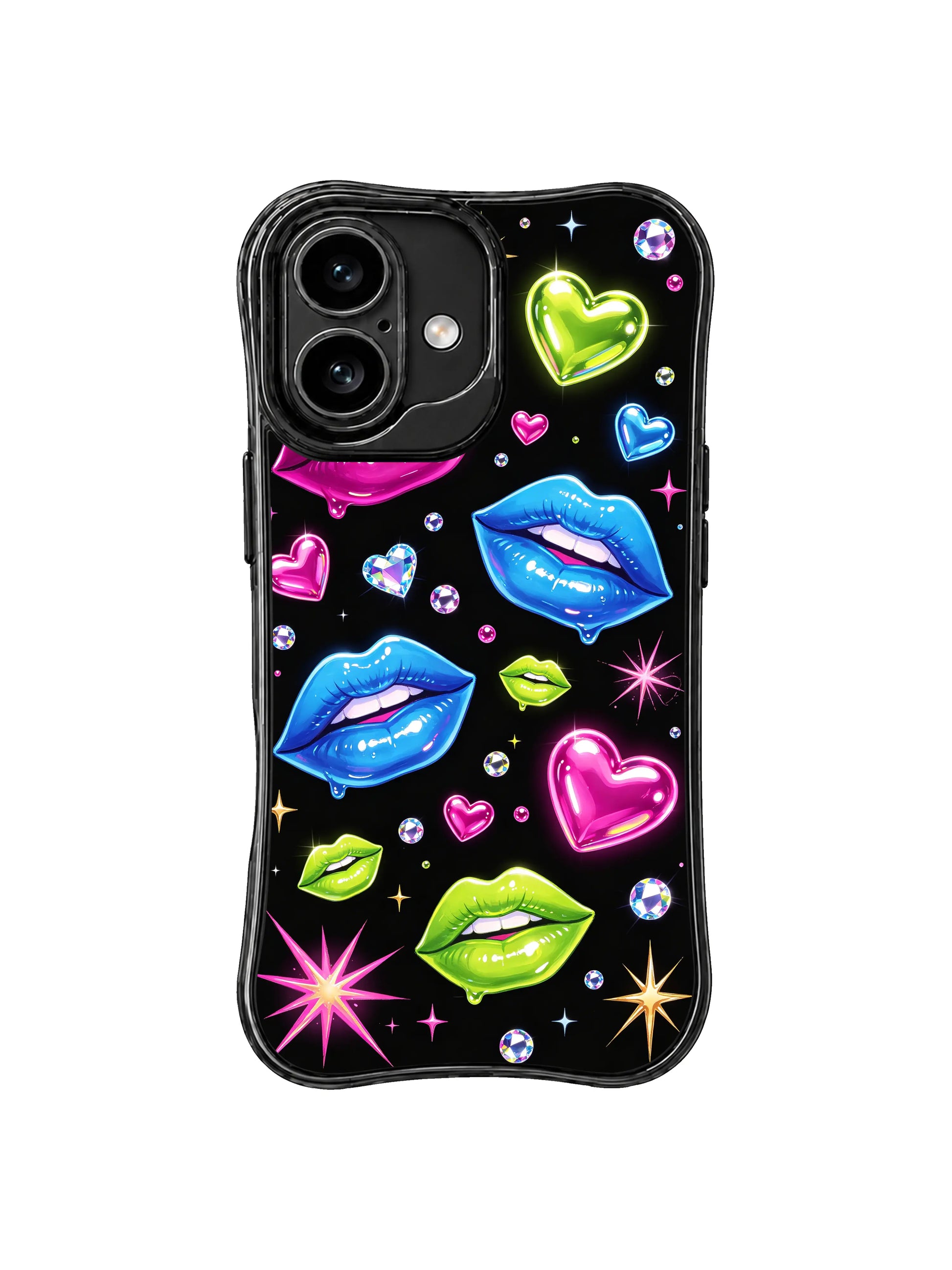 PhoneCasing iPhone 16 case featuring neon gem hearts, glossy lips, starburst details, and bold contrast for a stylish iPhone 16 cover.
