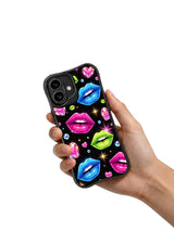 PhoneCasing iPhone 16 case with neon heart artwork, glossy lipstick illustration, and sparkling details for a standout iphone 16 cover.