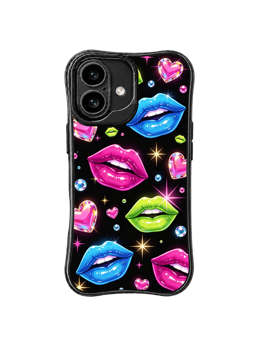 PhoneCasing iPhone 16 case featuring Neon Heart Kiss artwork with glossy blue and pink lips, neon hearts, crystals, and a black party-glam background.