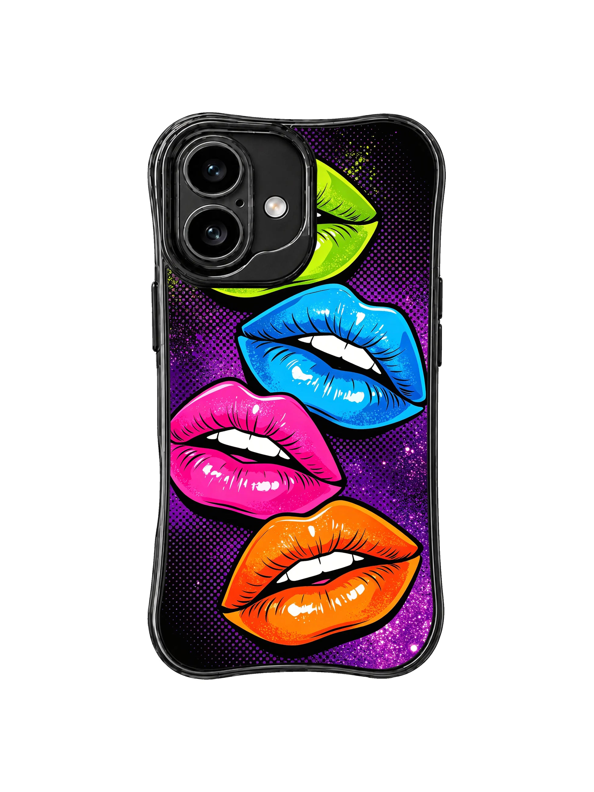 PhoneCasing iPhone 16 case with neon kiss artwork, purple pop background, and bold glossy lips for a fun yet polished iPhone 16 case style.