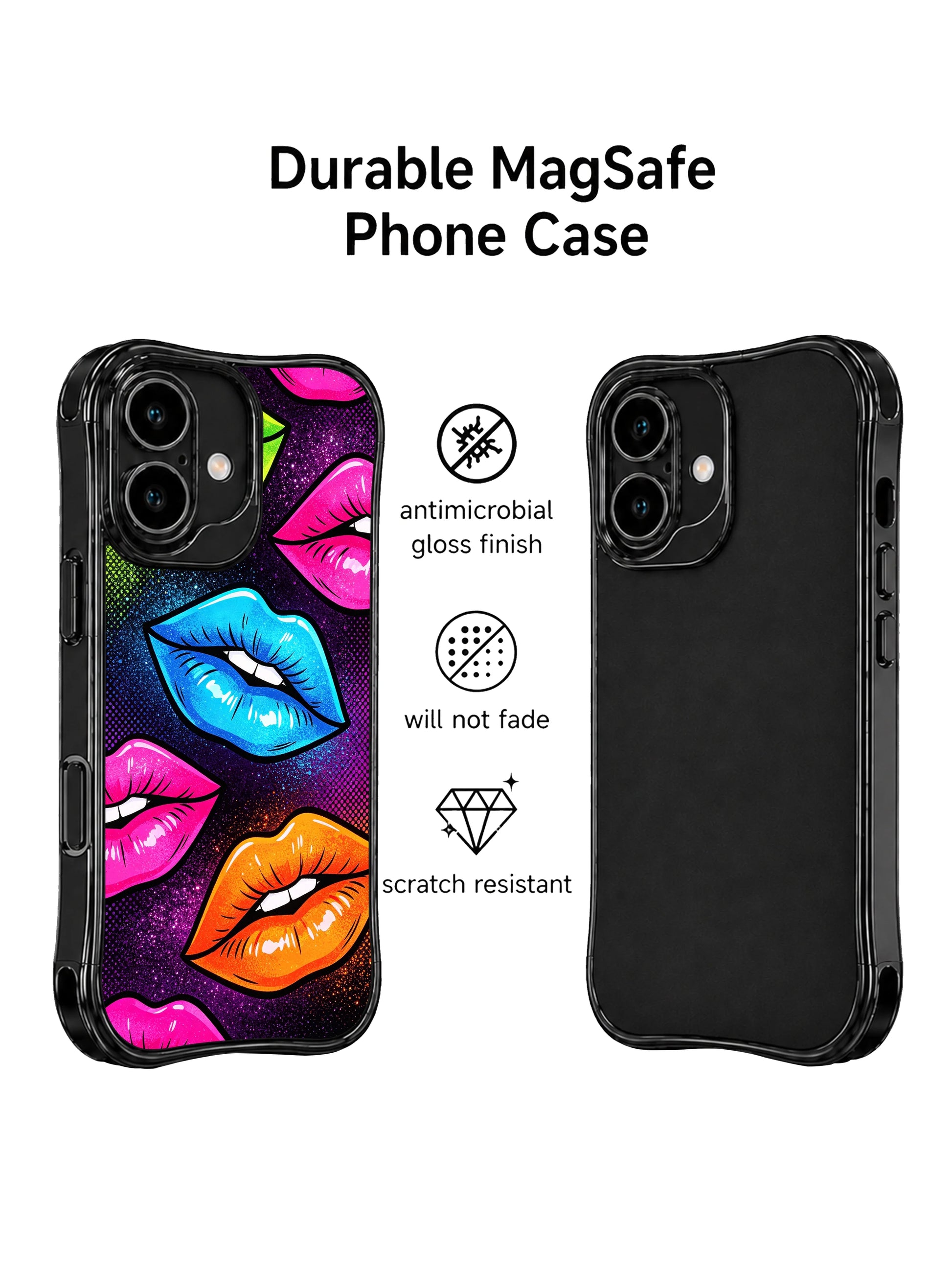 PhoneCasing iPhone 16 case with neon lime lips, bold pop-art outlines, and electric color energy for shoppers browsing expressive iPhone 16 cases.