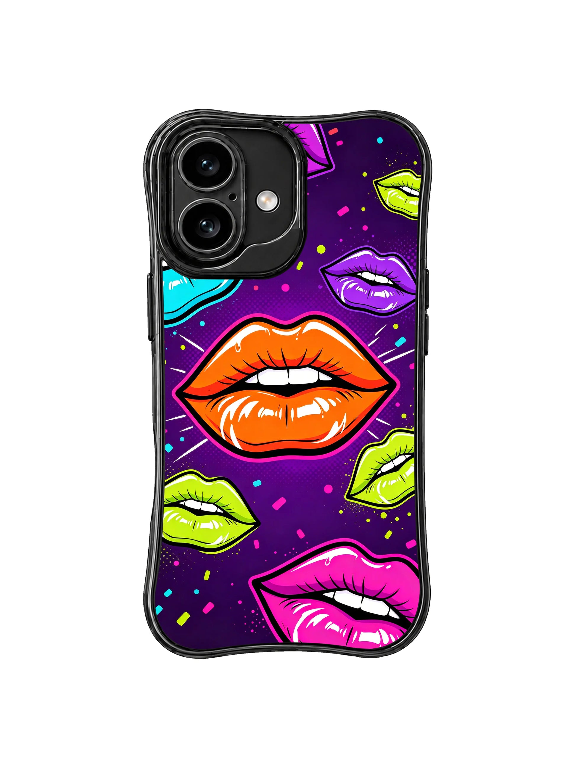 PhoneCasing iPhone 16 case with a neon lip collage, orange focal lips, cyan accents, and purple pop art styling for a standout iphone 16 cover.
