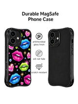 PhoneCasing iPhone 16 case with neon lips, glowing heart charms, gem details, and a bold glam look for shoppers browsing iPhone 16 cases.