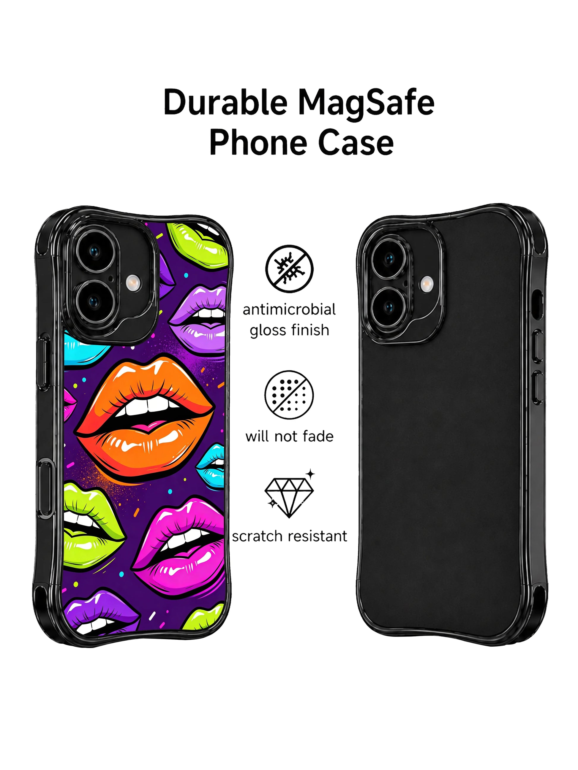 PhoneCasing iPhone 16 case with neon orange lips, purple background, cyan lips, lime lips, and bold comic-style pop glam energy.