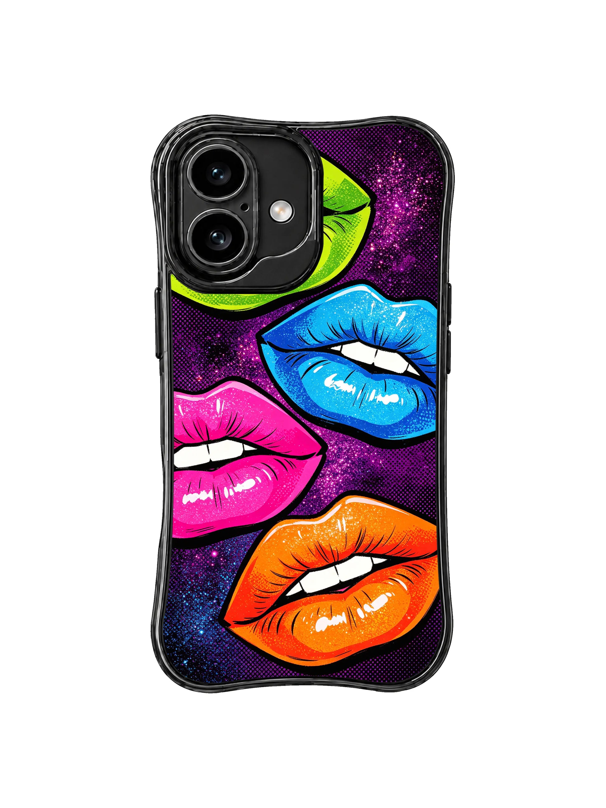 PhoneCasing iPhone 16 case showcasing neon pop-art lips, comic-style linework, and energetic color contrast for bold iPhone 16 cases.