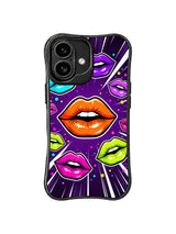 PhoneCasing iPhone 16 case featuring neon purple lips, orange centerpiece lips, and colorful confetti details for a bold iphone 16 cover.