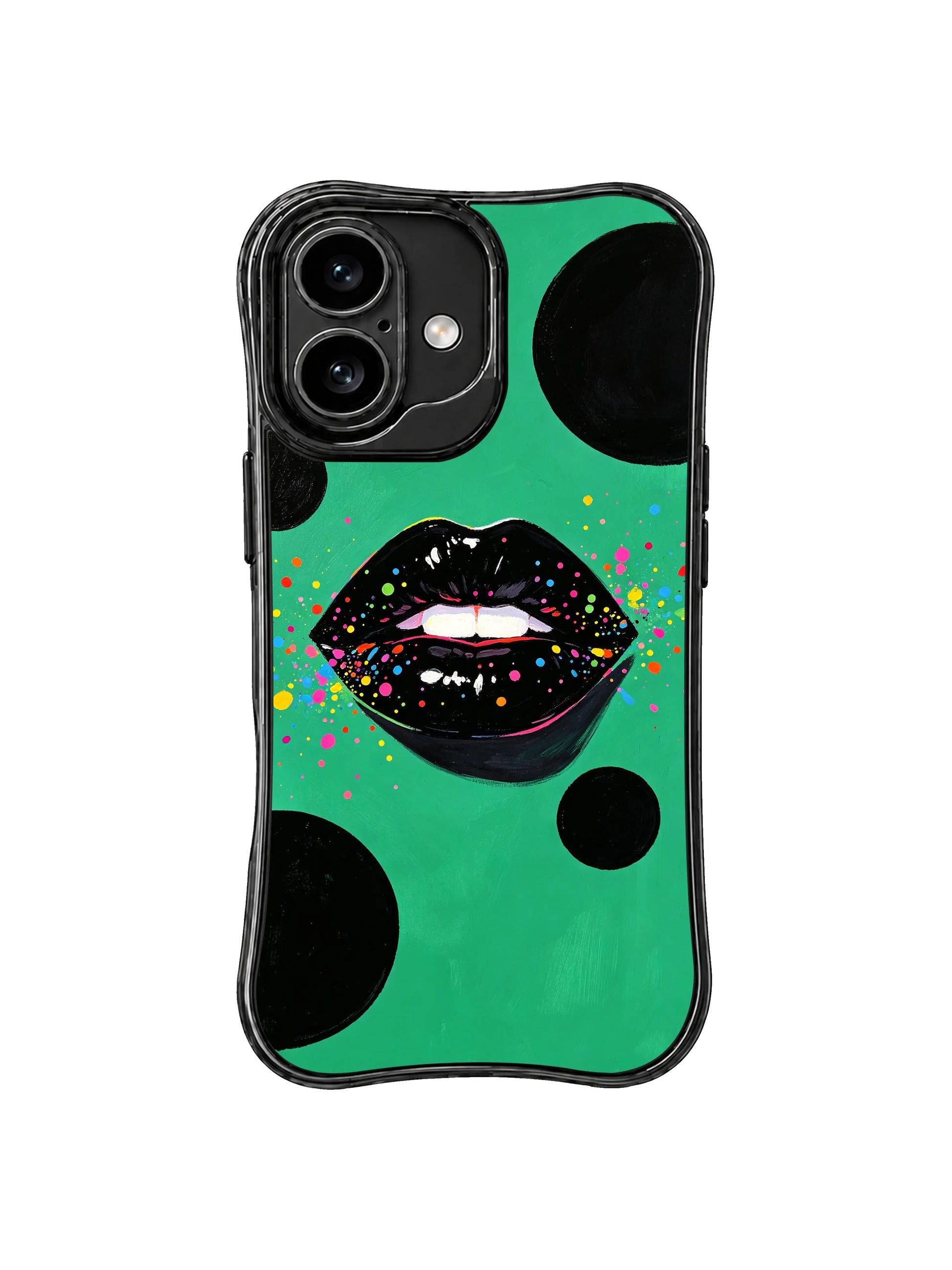 PhoneCasing iPhone 16 case with neon splatter lip art, black polished lips, and green background for a standout iPhone 16 cover.
