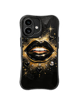PhoneCasing iPhone 16 case featuring night glam black lips, gold shimmer, and star-like highlights with a strong fashion illustration mood.