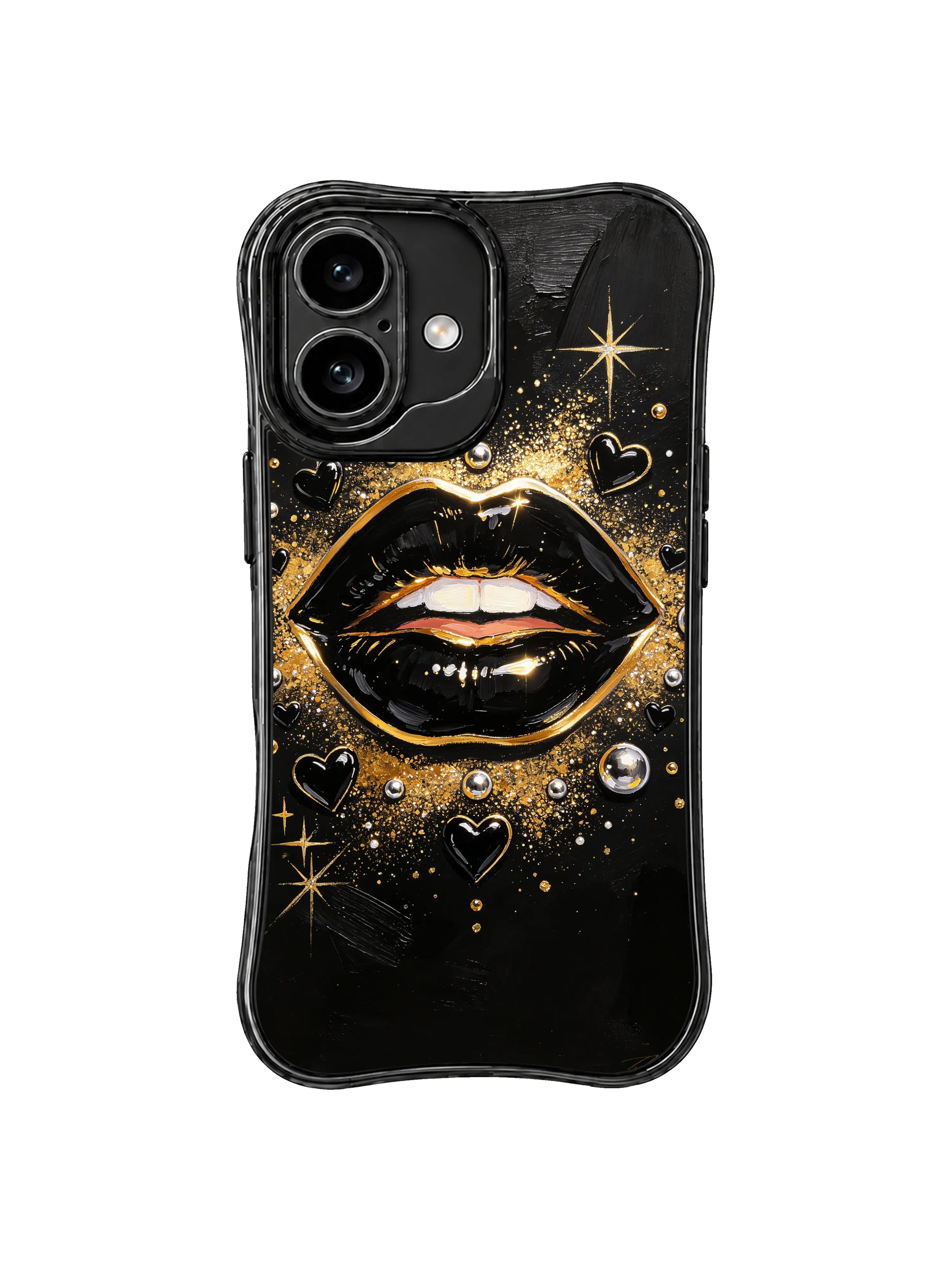 PhoneCasing iPhone 16 case featuring night glam black lips, gold shimmer, and star-like highlights with a strong fashion illustration mood.