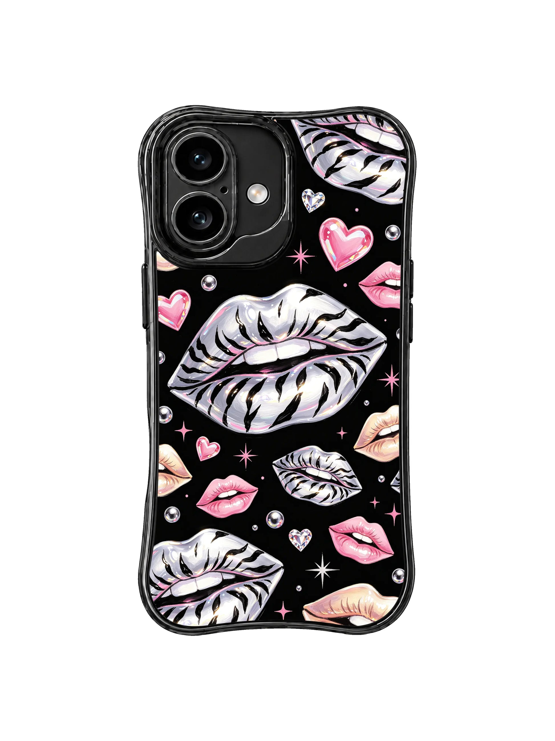 PhoneCasing iPhone 16 case with night glam zebra artwork, silver lips, pink lip accents, and a premium iPhone 16 cover presentation.