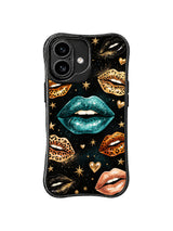 PhoneCasing iPhone 16 case featuring night orbit artwork with leopard lips, teal gloss, and gold hearts for iPhone 16 Pro Max case shoppers.