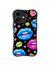 PhoneCasing iPhone 16 case featuring Night Party Kiss artwork with blue lips, hot pink lips, lime lips, and electric heart accents.
